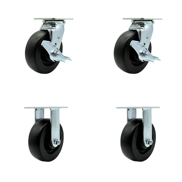 6 Inch Polyolefin Caster Set with Roller Bearing 2 Brakes 2 Rigid